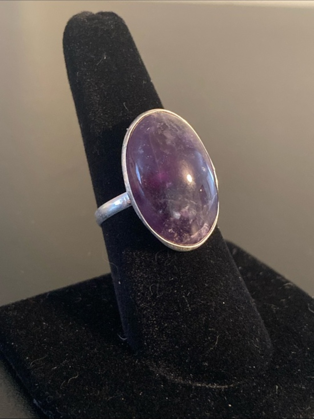 Silver Ring with Oval Purple Amethyst Cabochon  size 7